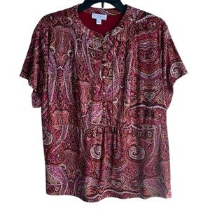 CHARTER WOMENS RED PINK PAISLEY SHORT SLEEVE WITH BUTTONS PLUS SIZE 2X